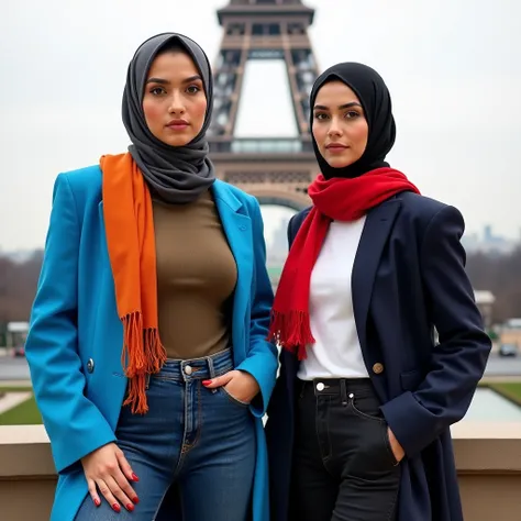 Real life. Photo shoot. Two Arabic women standing side by side in front of Eiffel Tower. The woman on the left is a supermodel named Aisha. She have large breasts and slender build. She is wearing a dark gray hijab, orange scarf around her neck, olive brow...