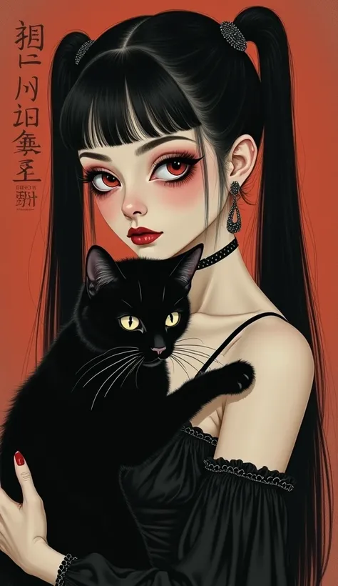 Woman with merciless eyes and cat in arms, woman in black barbell dress, metal earrings, double ponytail and straight black hair across the shoulder, dark gothic style, surreal illustration of animals, Meiji art, black painting, rich layers, realistic fugu...