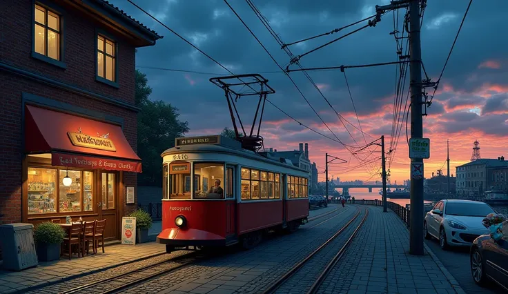 {{{{ultra-high resolution}}}}, very aesthetic, best quality, intricate, overall detail, masterpiece, realistic, 1980s, HAKODATE, Tram,  brick warehouse, Cafe,Shop, port,  Scenery, night,sunset,several cars 、山から見た Scenery