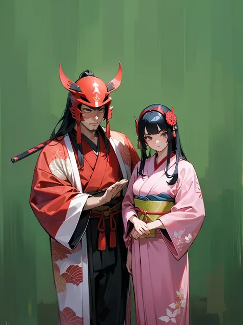 young couple posing in traditional japanese costumes, guy in samurai costume with big red helmet, beautiful girl in pink kimono with black hair, serious faces