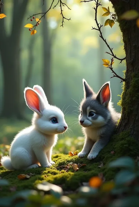 At the edge of a dense forest, where sunlight filters through the trees, a white rabbit with velvety fur cautiously approaches a tangle of brambles. Trapped in the thorns is a baby wolf with fluffy gray fur streaked with silvery highlights. His large blue ...