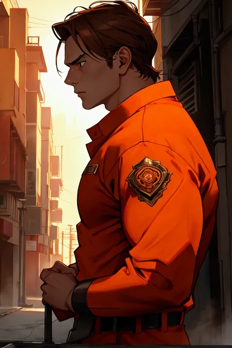 male、One person、Bodyguard、 two blocks、Brown Hair、 backlit、Overlooking、 serious expression、Unsettling、strong、red、 orange 、