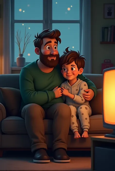 Two characters. Character 1: (suburban dad with brown hair, beard, pot belly, green sweater, brown pants, black shoes). Character 2: (young son, messy brown hair, pajama onesie). Sitting on a couch, snuggling together, watching t.v., nighttime, anime.