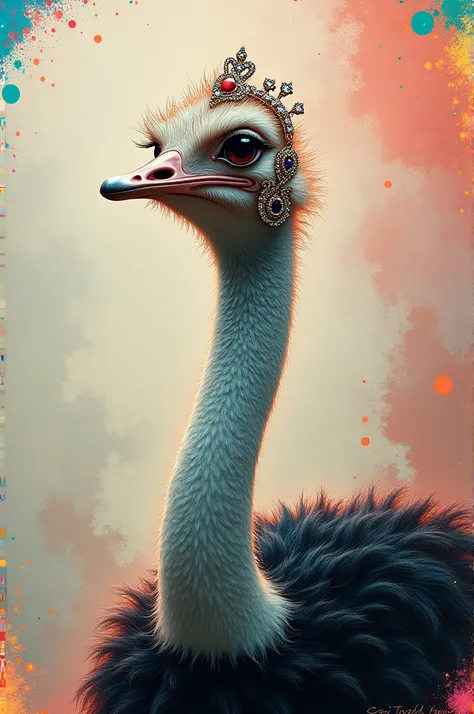 Ostrich with earrings and paint stains 