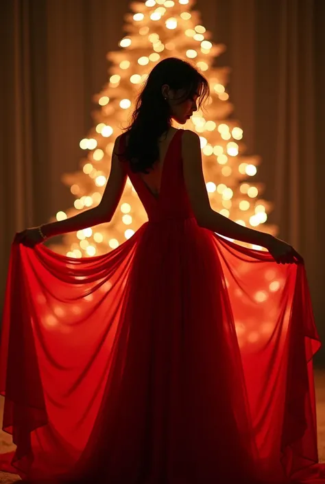  Hyperreal、photograph、 Beautiful Japanese girl with big breasts turning her back and spreading a red gown 、Silhouette of a womans body on a gown 、 Christmas tree decorated with shining illuminated lights in front of a woman、Expand the front of the front op...