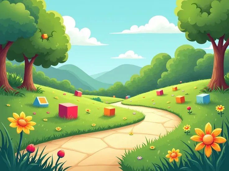  Set the background of the path at school with grass, flowers and blocks in cartoon style 