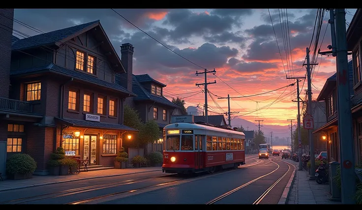 {{{{ultra-high resolution}}}}, very aesthetic, best quality, intricate, overall detail, masterpiece, realistic, 1980s, HAKODATE, Tram,  brick warehouse, Cafe,Shop, port,  Scenery, night,sunset,several cars 、山から見た Scenery、Thaw