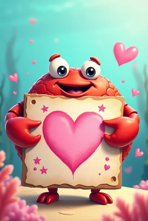 A crab cartoon with a sign that has a pink heart