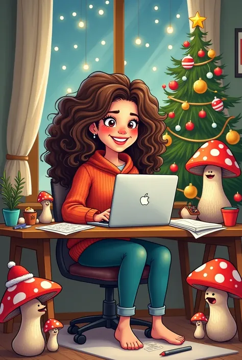 Create an cartoon image of an European chubby girl who has curly hair and is ux designer with laptop with mushrooms in Christmas theme