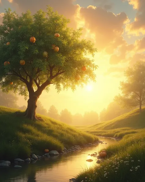 "A symbolic representation of Sarah: a serene, peaceful landscape with soft, golden light filling the sky, symbolizing divine blessings and favor. In the foreground, a beautiful tree with lush fruit symbolizes fertility and the fulfillment of her long-held...