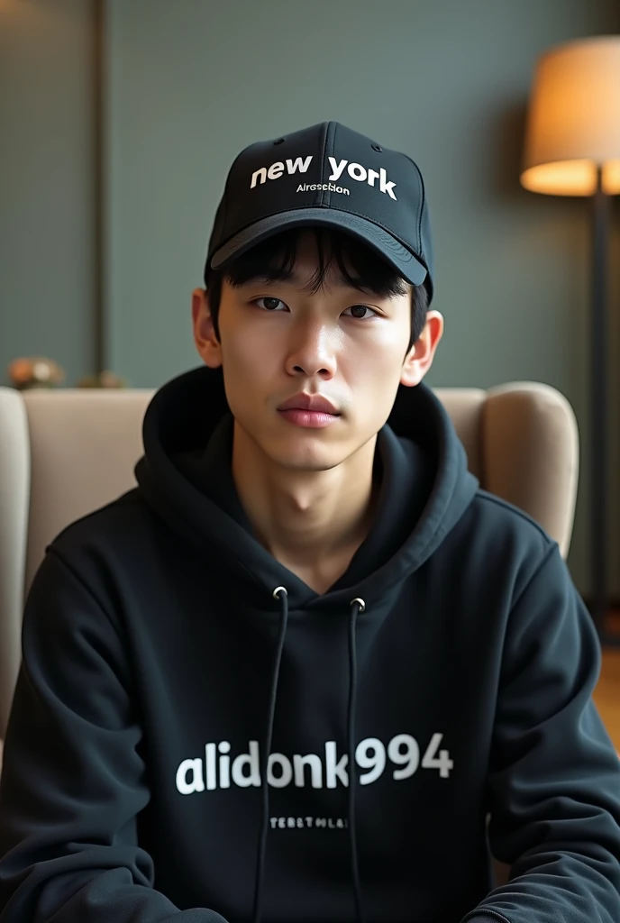 realistic photo of a Korean guy wearing a black hoodie that says "alidoank994" and wearing a hat that says "New York", sitting on a chair, room background with a wide angle view, 8k resolution