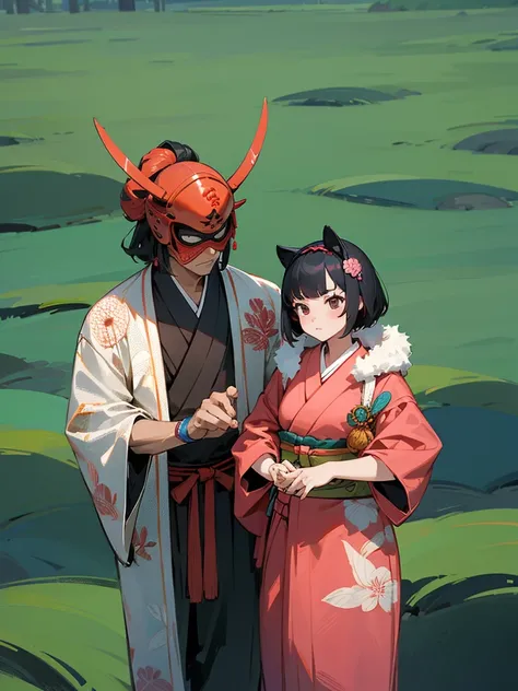 young couple posing in traditional japanese costumes, guy in samurai costume with short hair and big red samurai helmet, beautiful girl in pink kimono with black hair, serious faces