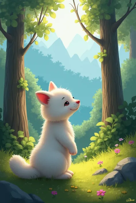  realistic painting style like in the real world　camphor 　Small, white coat 　My ears are round and small 　 legs and hands are short and face is big　Sunlight filtering through the trees in the mountains 