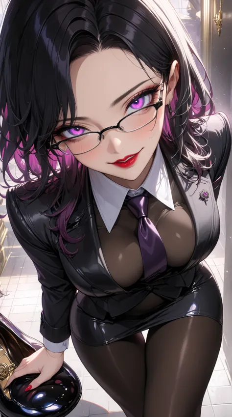  1 mature beautiful woman ,(masterpiece:1.3, top quality :1.3, very detailed depiction:1.3, incredible high resolution:1.3,High quality anime drawings),( office lady with straight black hair,An excellent female secretary,Villainess,Glasses),( business suit...