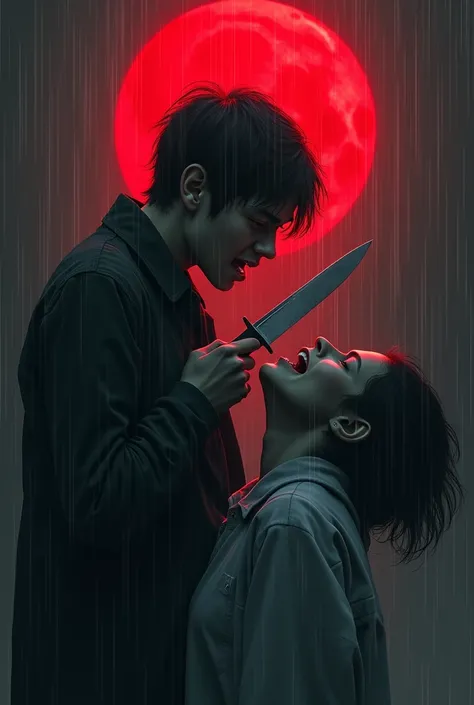 red moon, rain,  surreal , Psychopath,  young man, killer, Dagger on the neck