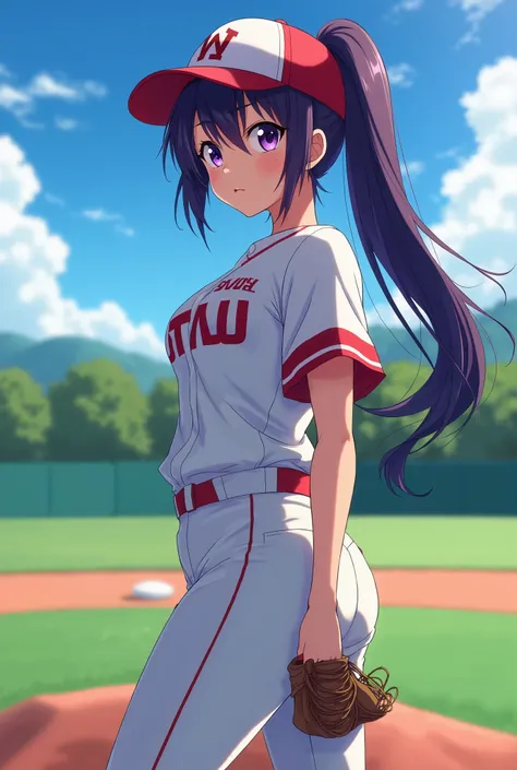 Japanese animation style、 high school girl、Baseball uniform 、 Baseball Cap 、left pitcher、Dark Purple Long Hair、single ponytail、 purple pupils、 full breasts 、From Taiwan