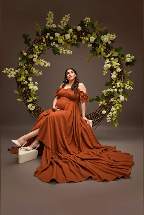 pregnant woman in a dress sitting in a flower wreath, maternal photography 4 k, full body photoshoot, modeling photography, full body portrait shot, sepia tone, full body photogenic shot, stunning elegant pose, full length shot, full body wide shot, elegan...