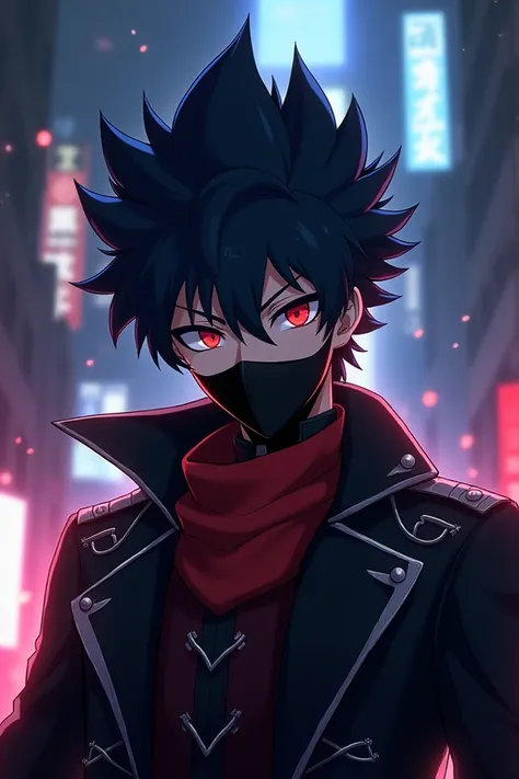 "Create an anime-style male avatar with sharp, defined features and a sleek black mask covering the lower half of his face. He has spiky jet-black hair with subtle blue highlights and striking, piercing red eyes. His outfit includes a high-collared black t...