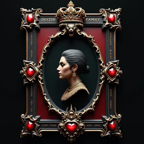 make a royal frame with crown  with profile in big round shape  full frame in matt black and red color combination with red gems 4 side  upper die and lower side same matt black reibbon upper side of ribbon write in golden fonts " Dexter family" and lower ...