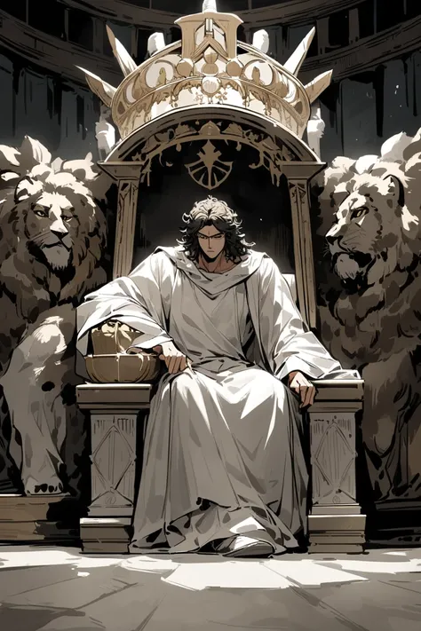 a Greek god, in the coliseum, negro,  small hair, sitting on a throne, with a lion on the side, white robes and a crown on the head.