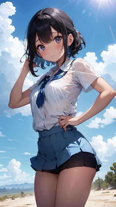 short sleeve wet white shirt、See-through bra、Blue Bra、 blue miniskirt、Lift up the miniskirt with both hands and show off the white panties、Schoolgirl、A desert with nothing up to the horizon、blue sky and entrance clouds 