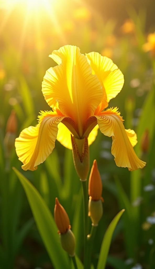 A vibrant yellow Iris flower growing in a lush garden, surrounded by green foliage. The petals are illuminated by golden sunlight, showcasing their soft, wavy edges and intricate veining.