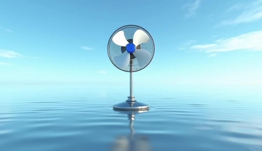 Image is a surreal digital artwork featuring a large, metallic electric fan with four white blades and a blue center, standing upright in the middle of a vast, calm body of water. The fans base is partially submerged, creating a reflection on the waters su...