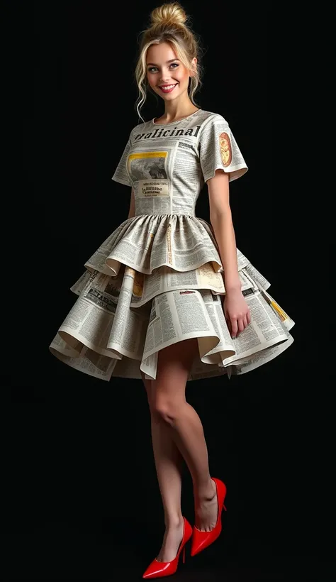 A round neck dress from a journalist in general.  where everything is made entirely of newspapers .  Use different thin paper newspapers folded to form every detail of the dress, using real parts of the newspaper .  Pay attention to the textures and colors...