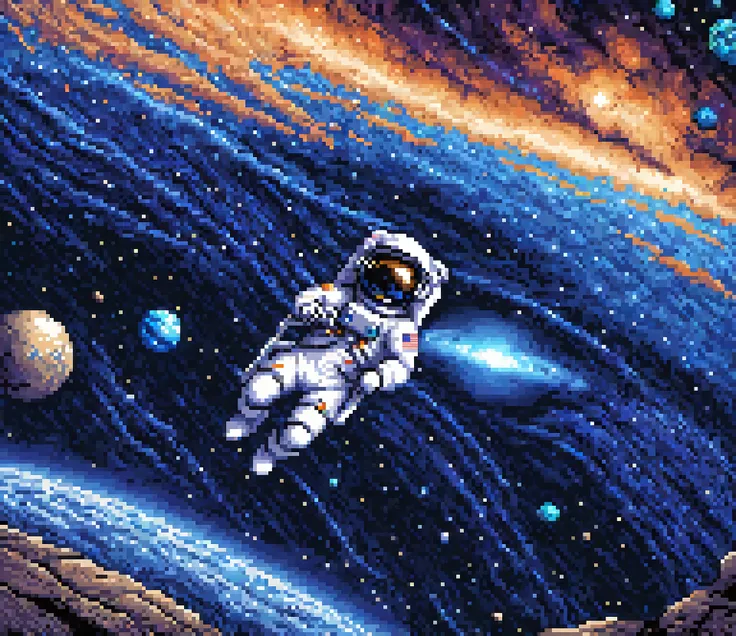 A very vast galaxy, surrounded by blue and black intertwined, an astronaut floating in space watching all this, the astronauts space suit is blue, the earth is moving away from the astronaut，8bit, pixel art