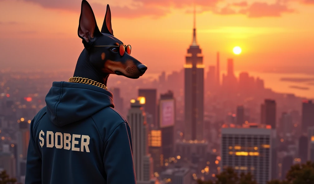 A hyperrealistic Doberman, The Doberman standing on a mountaintop at sunrise, overlooking a sprawling cityscape glowing with $DOBER billboards and lights.He is wearing a hoodie with the text $dober on it. Sunglasses and big golden necklaces.