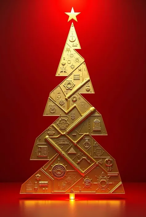 Christmas tree, science, gold color, red background