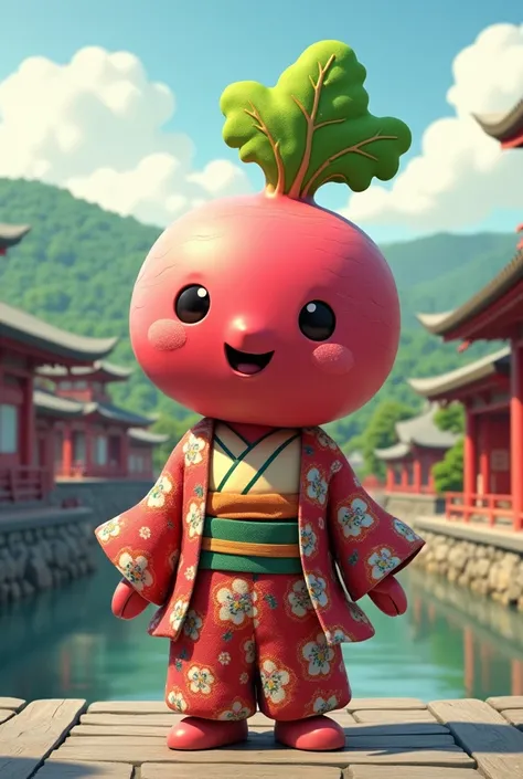 A mascot character whose head is a radish and the body is a fish　prow　ferry　kimono