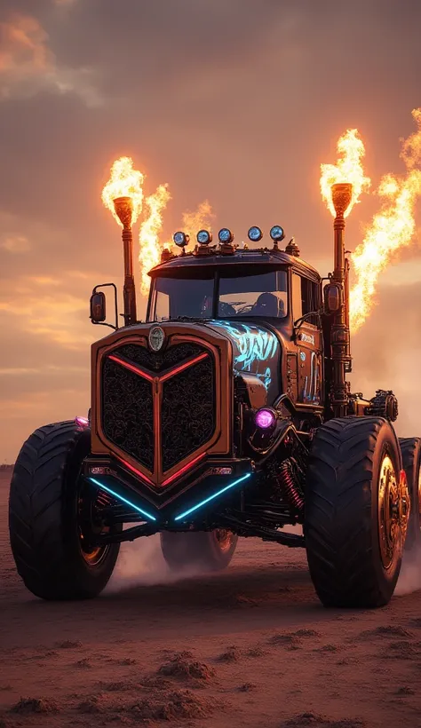 ((high quality)), ((masterpiece)), A futuristic, heavily modified truck built for battle and speed, featuring a rugged, armored design. The truck is equipped with flamethrower guns mounted on its sides, exhaling bright orange and blue flames, and massive t...