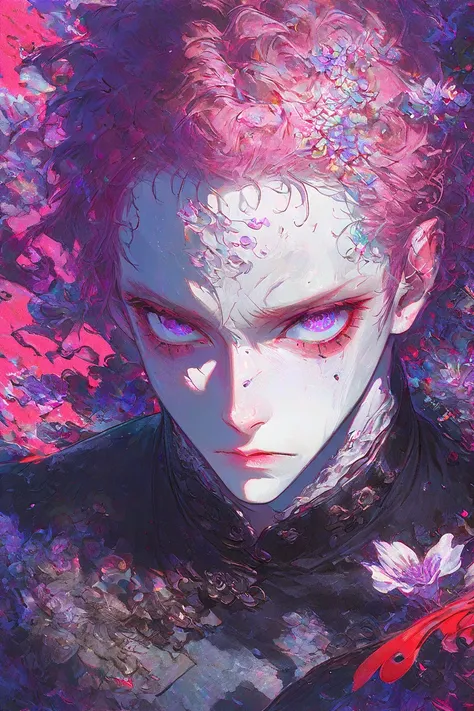 Illustration, Top Quality, Pixiv Illustration, Very Detailed, Animated…((Men))), Solo, Detailed Eyes and Detailed Face, Pink Hair, Odd Eye, Red Eyes, Purple Eyes, White Shining Flowers on the Chest, Colorful Petal Background