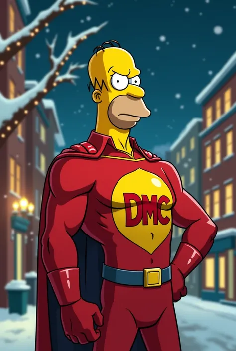 Shot with a Nikon Z6 and a 50mm lens, this caricature in the style of Simpsons features Captain Pátria of the boys, with exaggerated features. He wears his iconic suit and has a heroic expression, with a giant, oversized "DMC" on his chest. His eyes are de...