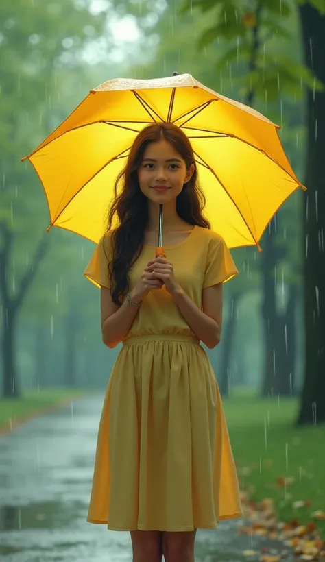 Sofia is met with a small smile while holding a yellow umbrella while it rains in the blurry park.. 