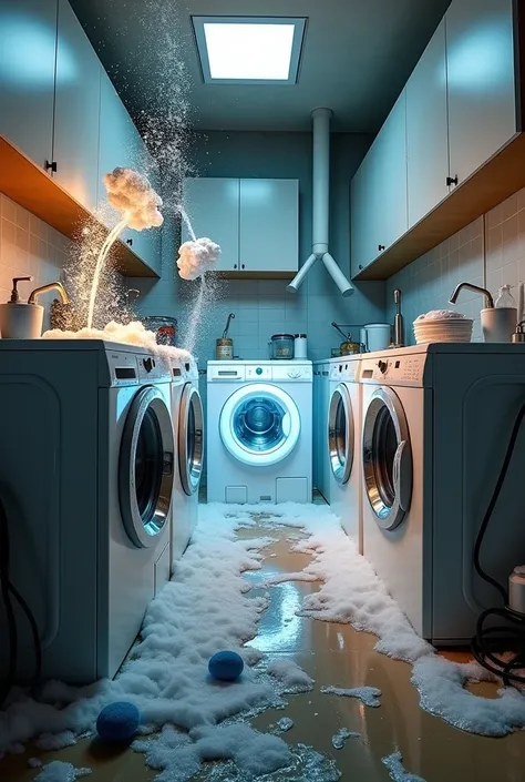 "A modern kitchen in chaos, with a front-loading washing machine glowing with bright lights at the center. Around it, older top-loading washing machines are engaged in battle, their agitators spinning violently, flinging water and clothing into the air. De...