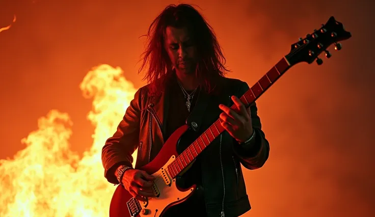  a man with a Fender Stratocaster guitar, Punk rock style,  long hair , Fire playing in the background , detailed portrait,  cinematic lighting ,  dramatic atmosphere , dark and brave,  vivid colors , 8k,  hyperrealistic poses, Digital Art,  conceptual art