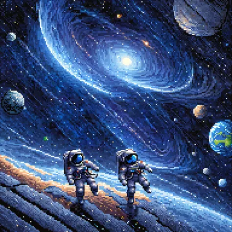 A very vast galaxy, surrounded by blue and black intertwined, an astronaut floating in space watching all this, the astronauts space suit is blue, the earth is moving away from the astronaut，8bit, pixel art