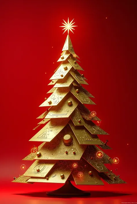 Christmas tree, science icon, gold color, red background