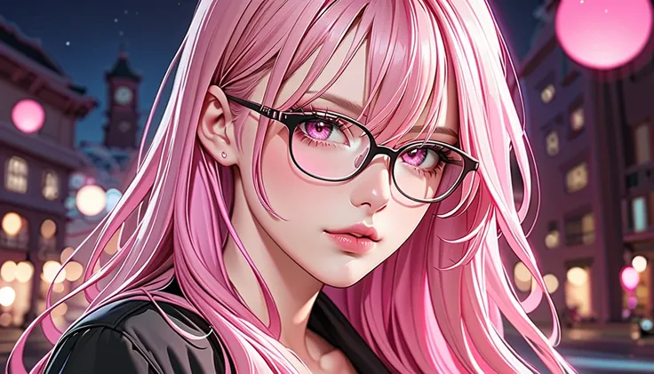 Mommy, Long Hair, light soft pink Hair, pink eyes, with glasses, Medium breasts, Blush, Adult, Pink Lip Gloss, night, black shirt, High Resolution, Looking at viewer, HD