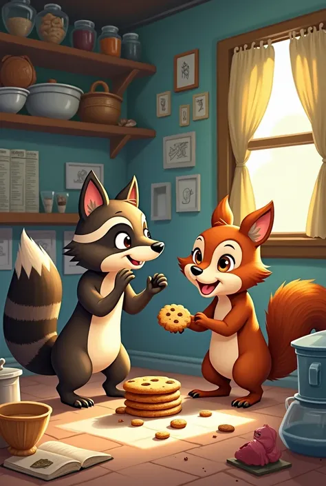 Rocky rakoon and Sammy squirrel excitedly plan their cookie heist in a colorful, lively nook filled with baking supplies and sketches.