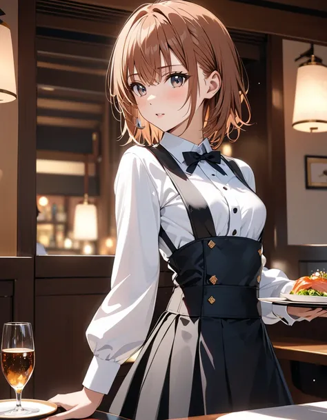 ( Japanese anime style),  cute, Waiter, (Misaka Mikoto), Small breasts, masterpiece:1.5, masterpiece, highest quality, UHD, retina, masterpiece, accurate anatomy, super detailed, high quality, best quality, 8k