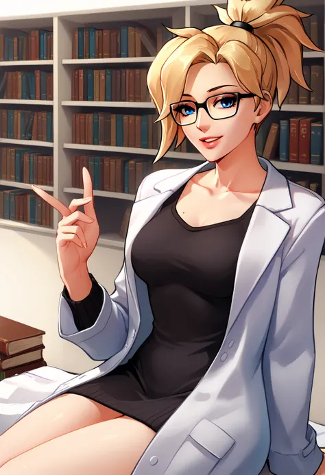 woman, score_8_up,
Mercy_Overwatch, glasses, 1girl, solo, breasts, smile, blue eyes, blonde hair, white background, black sweater dress, jewelry, medium breasts, sitting, collarbone, labcoat, parted lips, white lab coat, official alternate costume, lips, h...