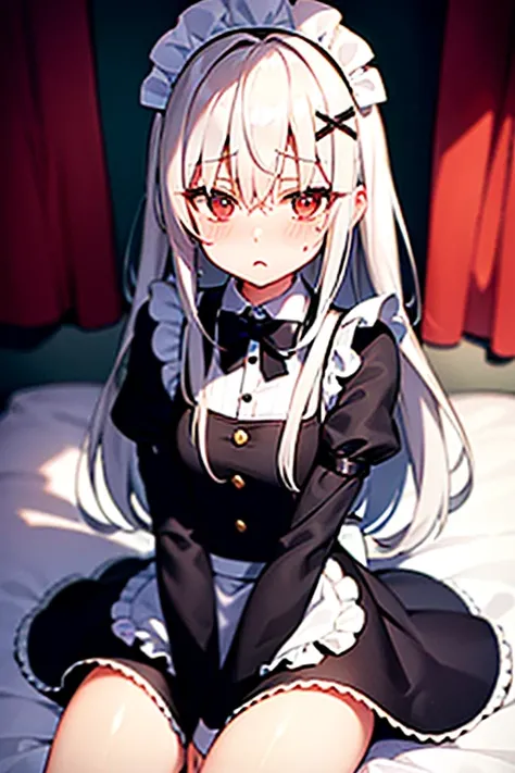 sitting on the bed and hide masturbeition ,naty,white hair , hime cut, hair over eyes ,shiny hair ,medium hair , maid , maid headdress , x hair ornament ,mole under eyes , embarrassed , blush , panicking , accurate ,anatomically correct , super detail ,hig...