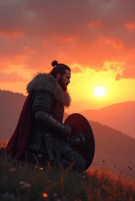  A scene of a warrior with his sword down and shield at his side, kneeling on a field at sunset .  He looks at the horizon with serenity ,  representing strength in self-control 