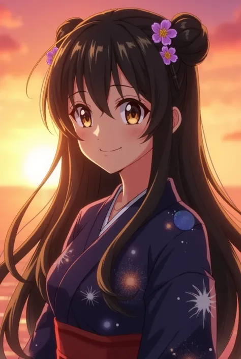 Demon slayer screencap of a female character with black long hair with golden highlights and golden eyes. Has a small star mole under her eye. Wearing a kimono with celestial design and purple flower hairpins hair in a bun and hairpins behind her head. Smi...