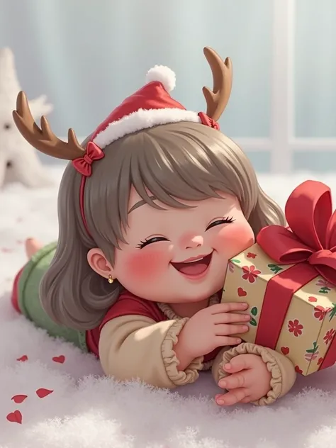 
Draw a picture for me, chubby baby girl holding Christmas present, with Santa hat, short straight hair, light eyes and white skin