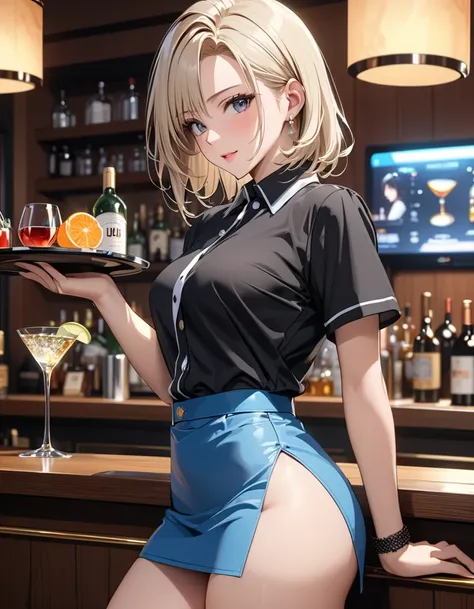  bartender , ( Japanese anime style),  cute, ( Android １８Number), Married Woman, Alluring,  Cowboy Shot , masterpiece:1.5, masterpiece, highest quality, UHD, retina, masterpiece, accurate anatomy, super detailed, high quality, best quality, 8k