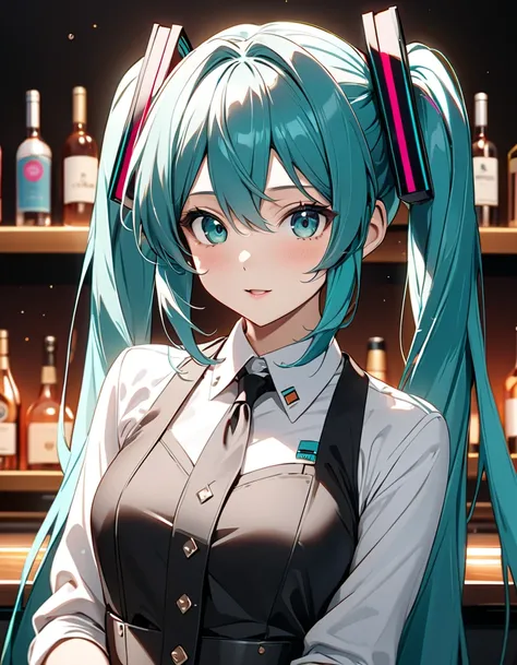  bartender , ( Japanese anime style),  cute, ( Hatsune Miku :1.5),  Cowboy Shot , masterpiece:1.5, masterpiece, highest quality, UHD, retina, masterpiece, accurate anatomy, super detailed, high quality, best quality, 8k